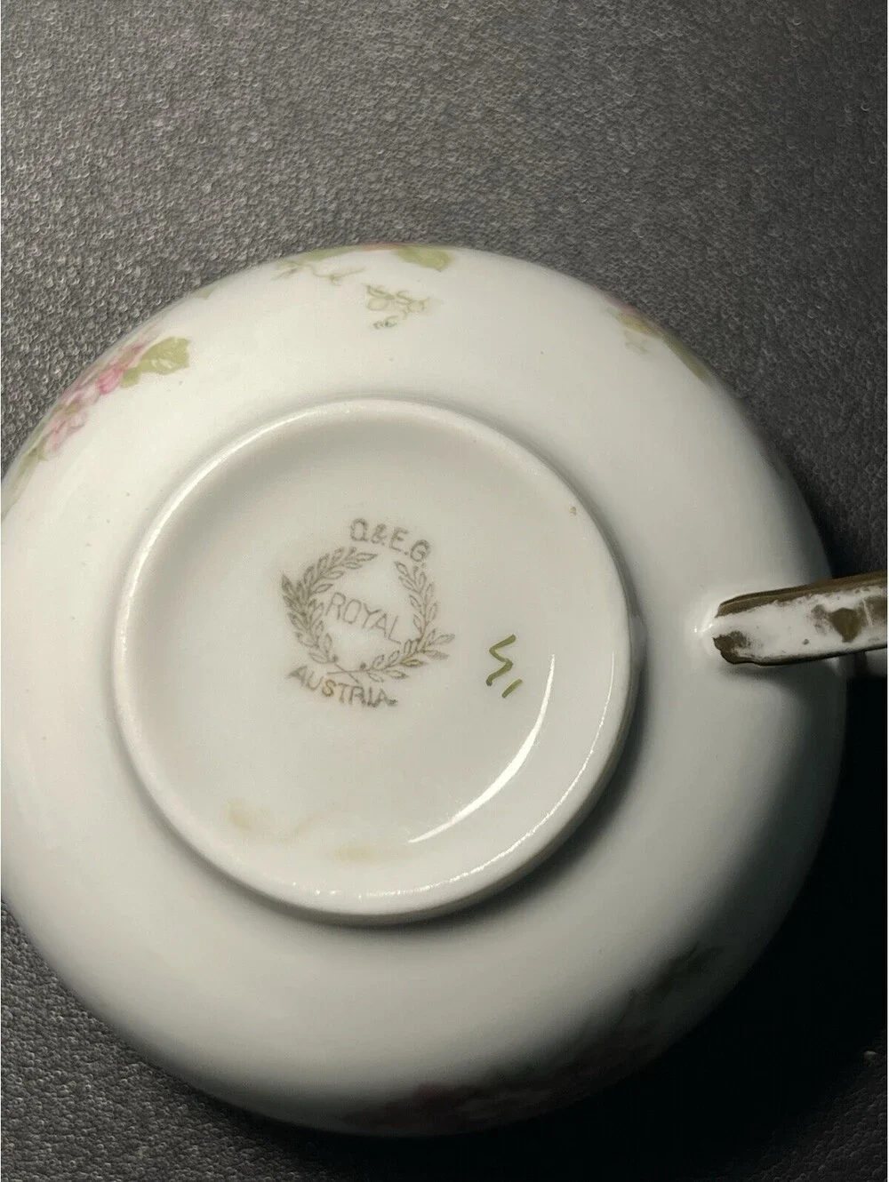 O&EG Royal Austria 1900s Roses Pink Floral Porcelain 8 Cups 7 Saucers Set